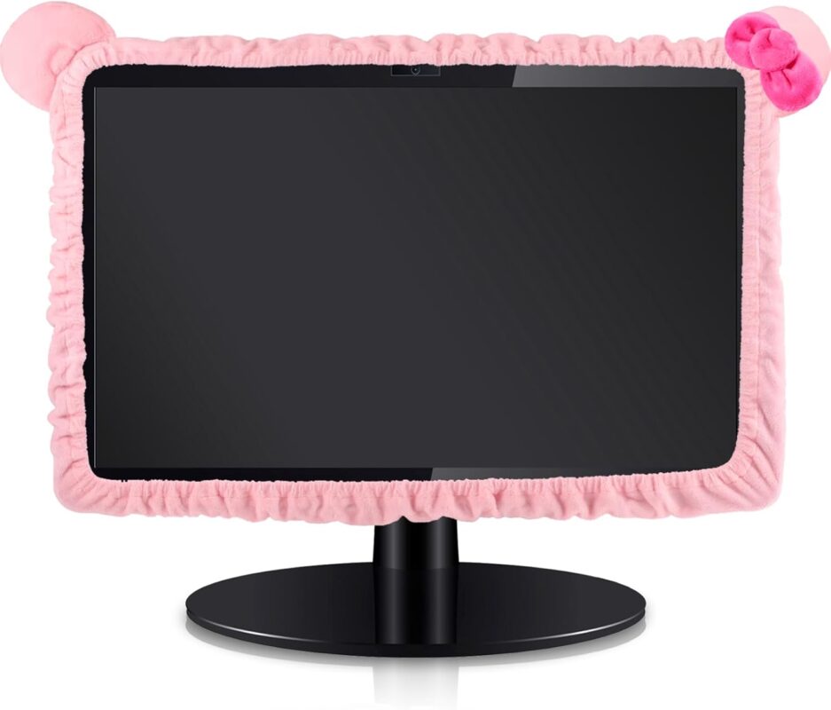 1 Pcs 20''-29'' Kawaii Computer Monitor Cover with Cat Ear Design, Furry Cute Pink Monitor Dust Cover Protector Lovely Computer Accessories Laptop TV LCD Screen Decoration for Tablet