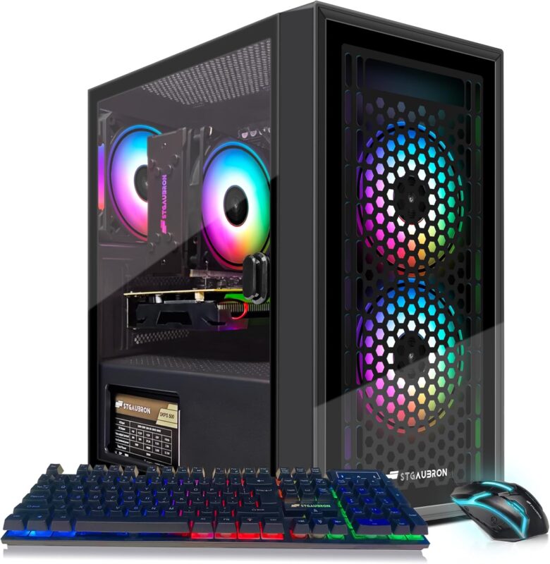 STGAubron Gaming PC Computer Desktop, Radeon RX 560 4G, Intel i7 Xeon E5 up to 3.0GHz, 16GB RAM, 512GB SSD, WiFi, BT 5.0, RGB Fan x3, Windows 11 Home