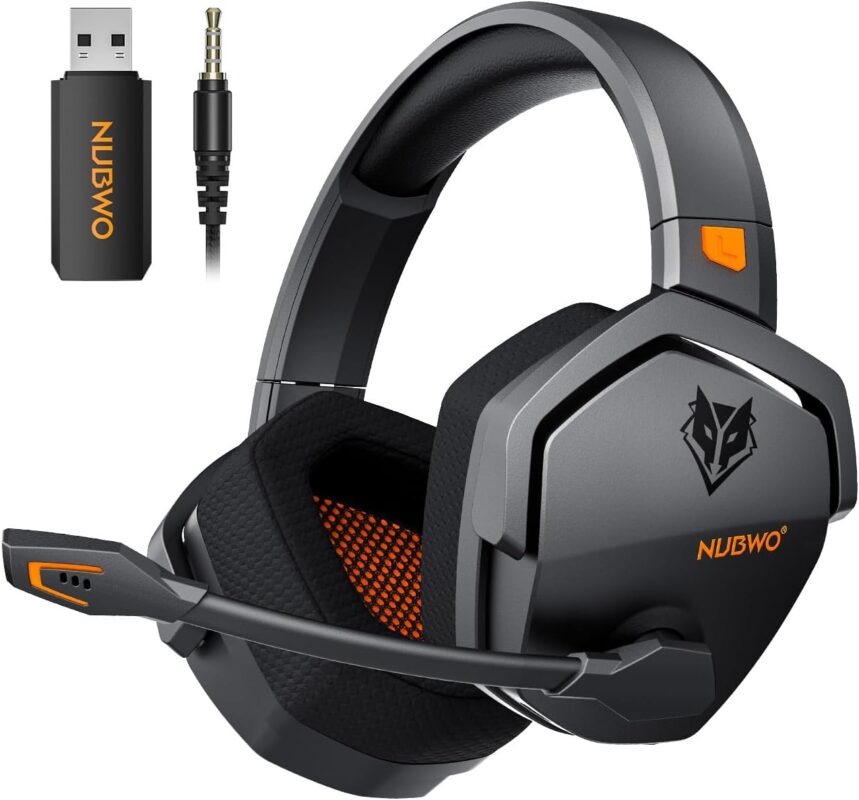 NUBWO Wireless Gaming Headset with Mic for Ps5 Ps4 PC, Zero Interference, 100-Hour Battery All-Day Play, 23ms Sync​ for Fortnite & Call of Duty/FPS Gamers, Triple Mode All Devices Compatible - Orange