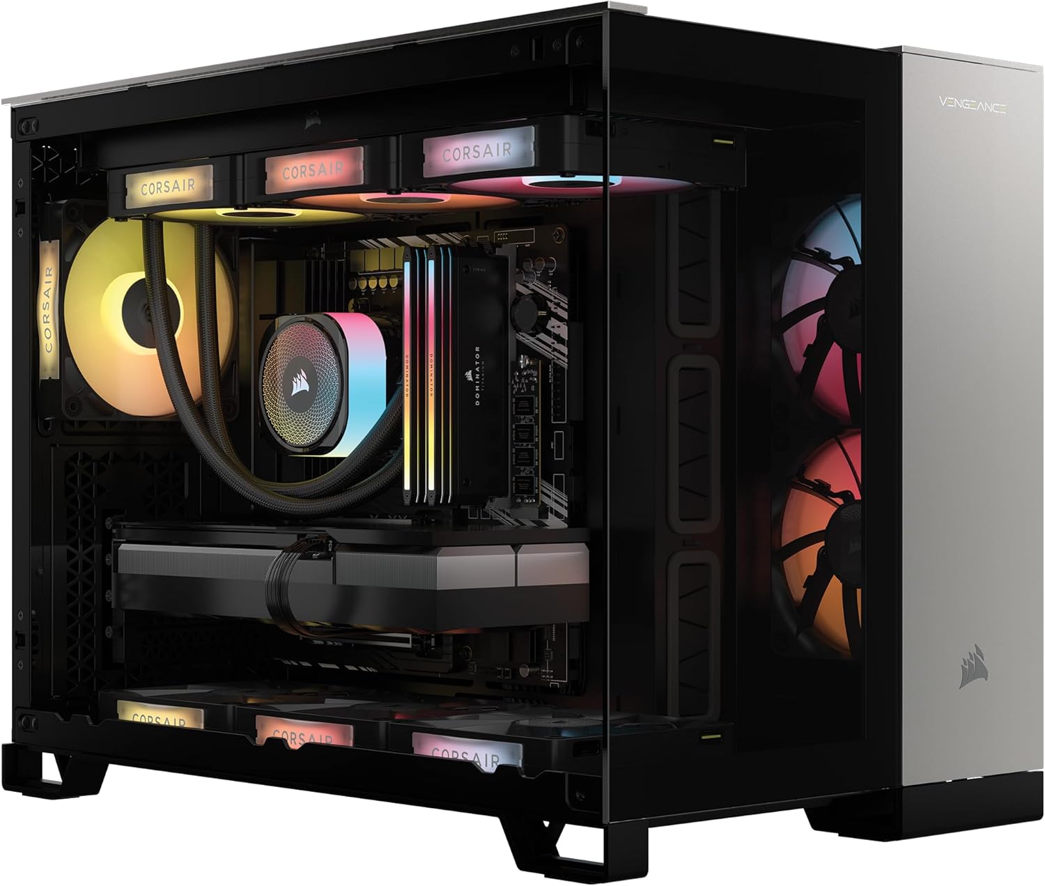 Corsair Vengeance a5100 Gaming PC – Liquid Cooled AMD Ryzen™ 7 9800X3D, NVIDIA® GeForce RTX™ 5090 GPU, 64GB Dominator Titanium RGB DDR5 Memory, 2+2TB M.2 SSD – Black/Silver Corsair Vengeance a5100 Gaming PC – Liquid Cooled AMD Ryzen™ 7 9800X3D, NVIDIA® GeForce RTX™ 5090 GPU, 64GB Dominator Titanium RGB DDR5 Memory, 2+2TB M.2 SSD – Black/Silver