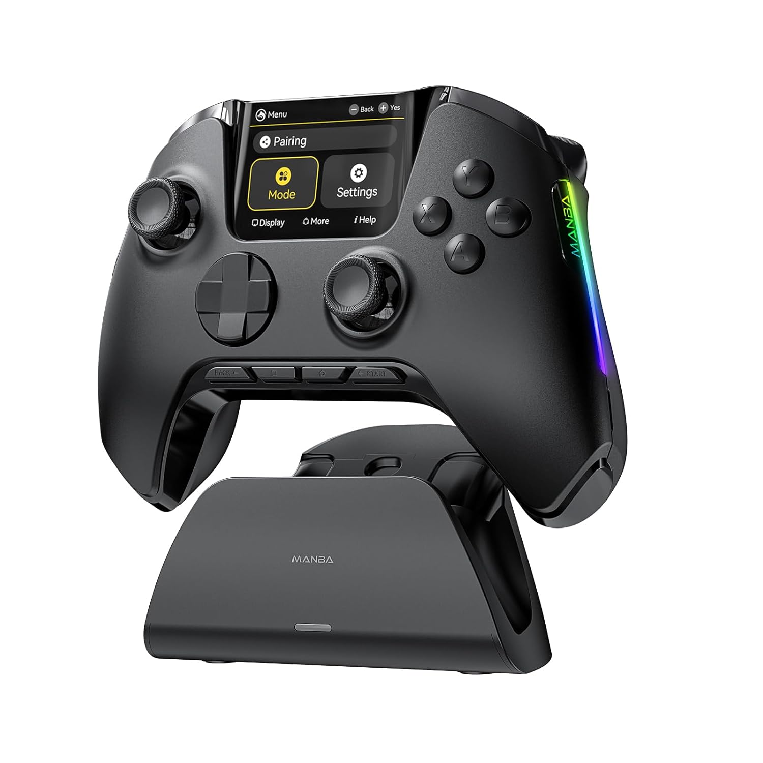ManbaOne Interactive Screen Wireless Gaming Controller for PC/Switch/Switch 2/iOS/Android,Hall Effect Stick & Trigger,RGB Lighting,Remappable Buttons,1800mAh with Charging Dock (Black) ManbaOne Interactive Screen Wireless Gaming Controller for PC/Switch/Switch 2/iOS/Android,Hall Effect Stick & Trigger,RGB Lighting,Remappable Buttons,1800mAh with Charging Dock (Black)