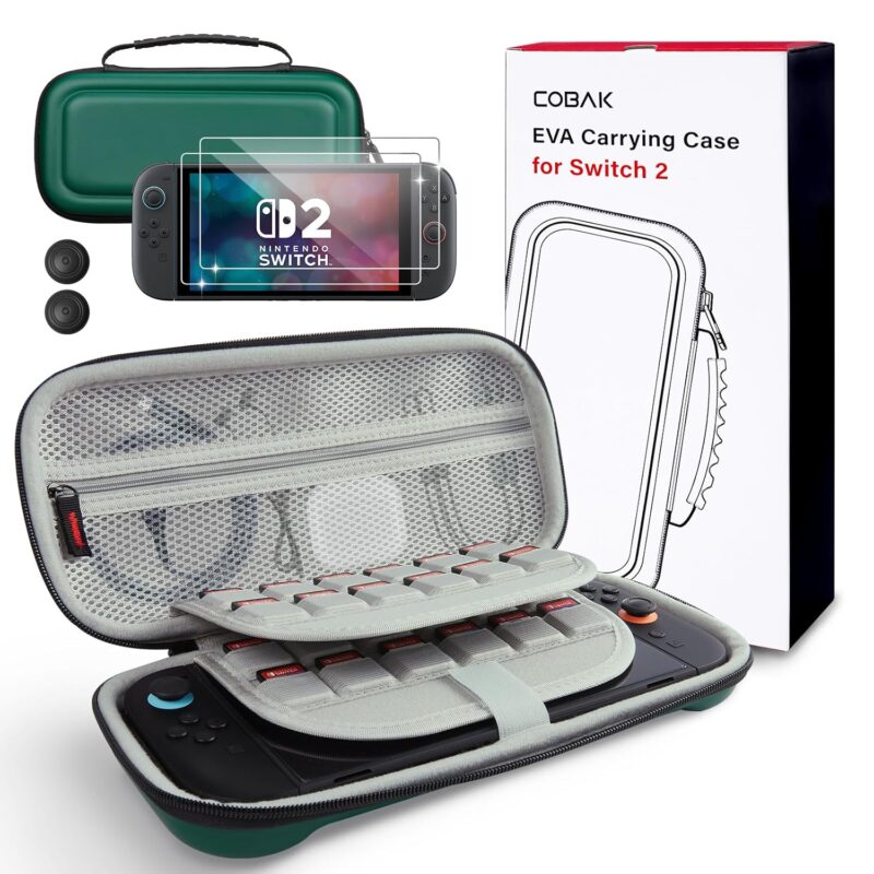 CoBak Large Capacity Carrying Case for Nintendo Switch 2 (2025) - 3 in 1 Accessories Bundle with 2 Screen Protectors, Thumb Grip Caps, 24 Game Cartridges, Hard Shell Portable Travel Pouch, Dark Green
