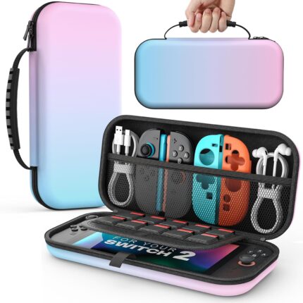 MoKo Carrying Case for Nintendo Switch 2(2025), Protective Hard Shell Portable Travel Carry Case Pouch holds 10 Cartridges with Pockets for Switch 2 Accessories and Games, Blue Pink