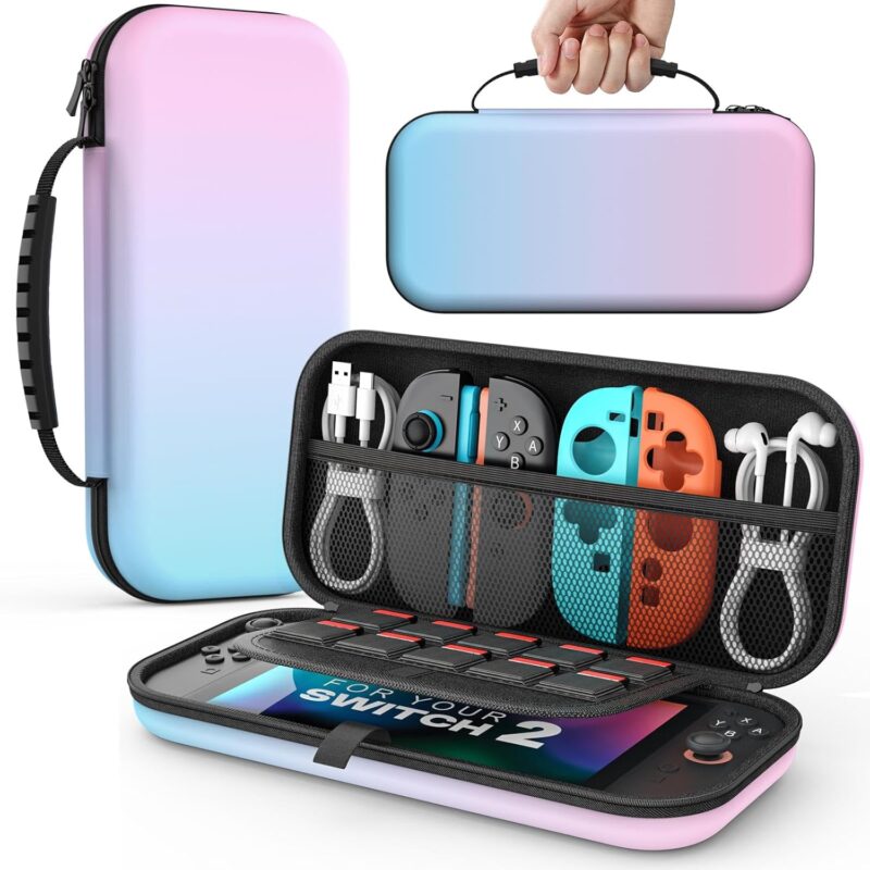 MoKo Carrying Case for Nintendo Switch 2(2025), Protective Hard Shell Portable Travel Carry Case Pouch holds 10 Cartridges with Pockets for Switch 2 Accessories and Games, Blue Pink
