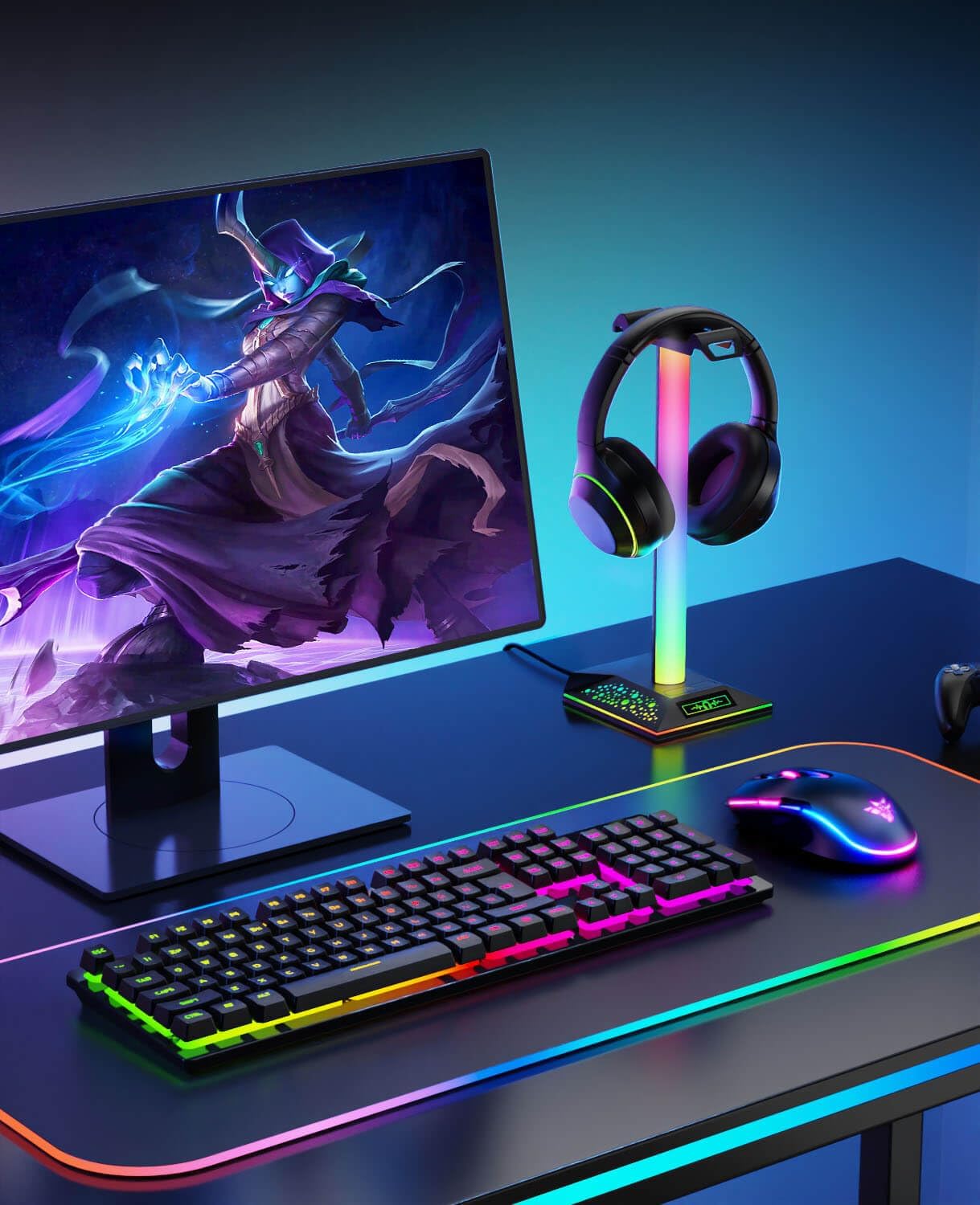 RGB Gaming Headset Stand, LED Headset Holder with 3 Charging Ports (2 USB & 1 Type-C) & 10 Lighting Modes, Headphone Stand Cool Stuff for Boys, Desk PC Gaming Accessories Gifts for Gamers Men Adult - Image 4