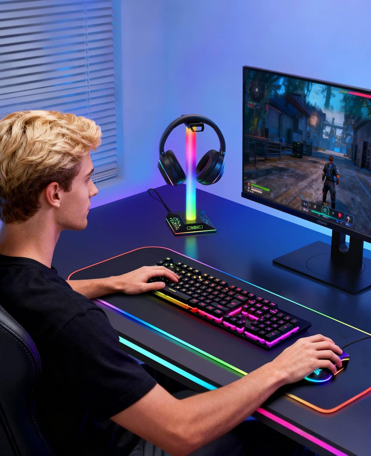 RGB Gaming Headset Stand, LED Headset Holder with 3 Charging Ports (2 USB & 1 Type-C) & 10 Lighting Modes, Headphone Stand Cool Stuff for Boys, Desk PC Gaming Accessories Gifts for Gamers Men Adult - Image 6