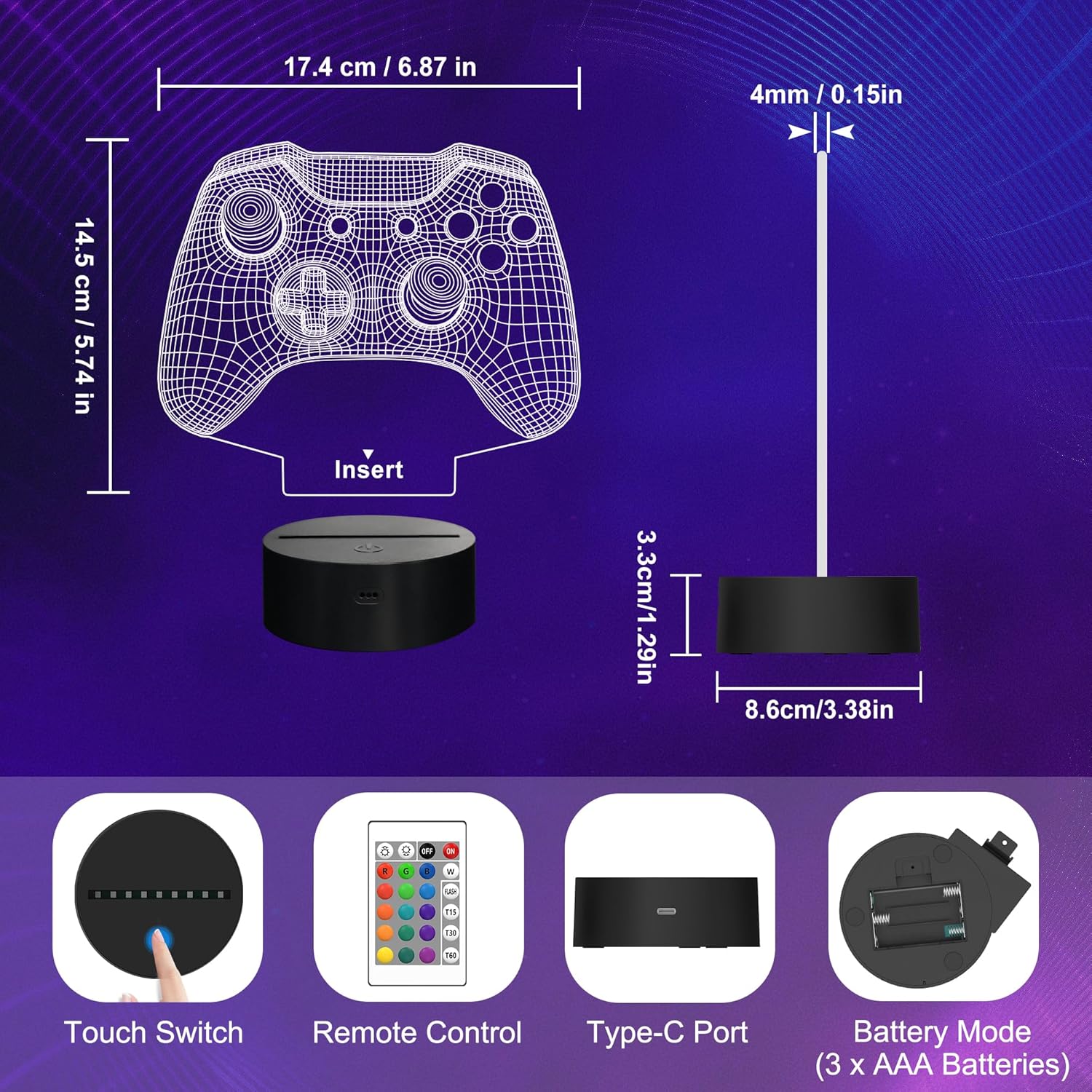 Attivolife Gamepad 3D Illusion Lamp, Controller Night Light with Remote Control + Timer 16 Color Changing Desk Lamp Kids Gamer Room Decor Plug in Best Cool Festival Birthday Gift for Boy Men - Image 7