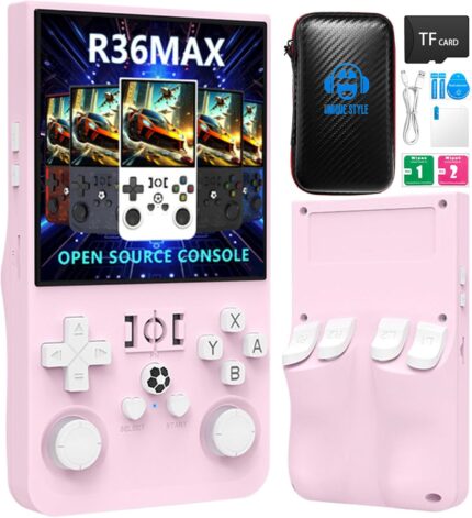 R36MAX Retro Handheld Game Console, 4.0 Inch 720×720 IPS Screen, Built-in 22000+ Classic Game,4000mAh Battery Portable Retro Gaming Console (Pink, 128GB)