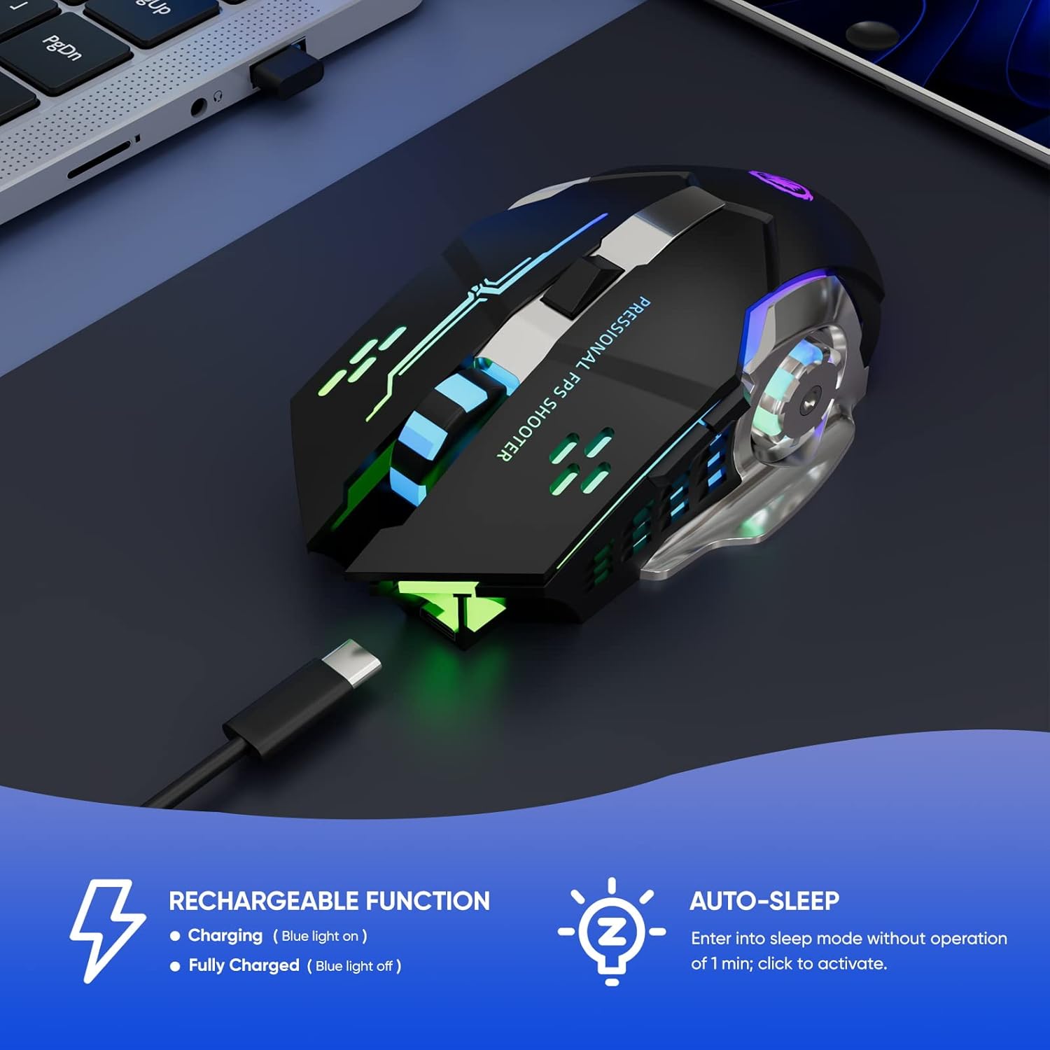 MELOGAGA Wireless Gaming Mouse Bluetooth Mouse RGB Rechargeable 2.4G USB Cordless Computer Mice with 7 Color Backlit, 6 Buttons & Silent Click for Laptop, iPad, Mac OS, PC, Windows -Black - Image 5
