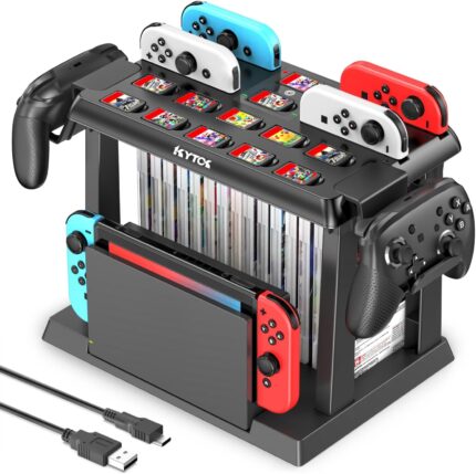Switch Games Organizer Station with Controller Charger, Charging Dock for Nintendo Switch Interactive Gaming Figures & OLED Joycons, Stands for Games, TV Dock, Pro Controller, Accessories Kit Storage