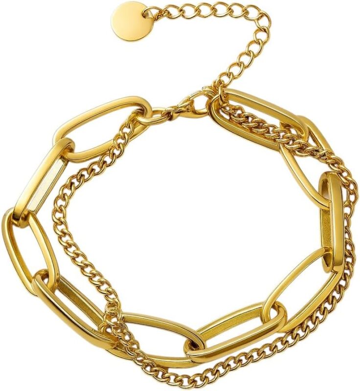 18K Gold Plated Water-Resistant Bracelet Stack for Women – Stainless Steel, Non-Tarnish Layered Paperclip & Double Chain, Adjustable Trendy Jewelry - Gift for Women