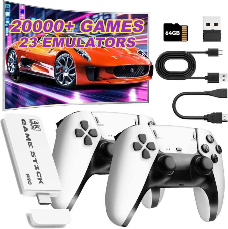 2025 New Wireless Retro Game Console, Game Stick Built-in 20,000+ Games & 23 Emulators, Retro Gaming Console with 4K Hdmi Output, Dual 2.4GHz Wireless Controllers, Plug and Play Video Games for TV