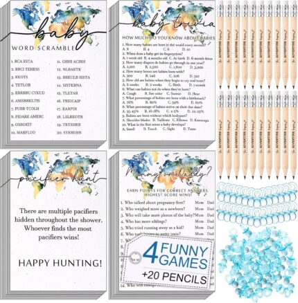 214 Pcs Adventure Baby Shower Games Boy, 4 Funny Baby Games Including Bingo Game, Pacifier Hunt, Word Scramble, Mommy or Daddy, with 20 Pencils 50 Acrylic Pacifiers