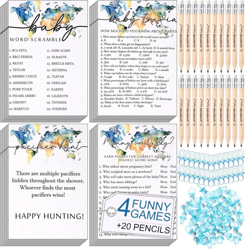 214 Pcs Adventure Baby Shower Games Boy, 4 Funny Baby Games Including Bingo Game, Pacifier Hunt, Word Scramble, Mommy or Daddy, with 20 Pencils 50 Acrylic Pacifiers