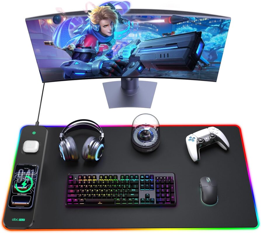 3-in-1 RGB Gaming Mouse Pad with Magnetic Wireless Charging, 31.5"x15.8" Large, 24 Light Effects, Non-Slip Base, Waterproof Ultra-Smooth Surface, with Adapter