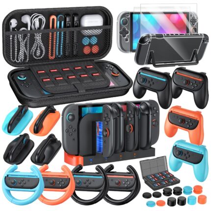 32-in-1 Accessories Bundle for Nintendo Switch 2,Family Games Kit: Carrying Case,Charging Dock for Joycon Switch 2 Controller,Tempered film,Steering Wheels,Grips,Protective Cover