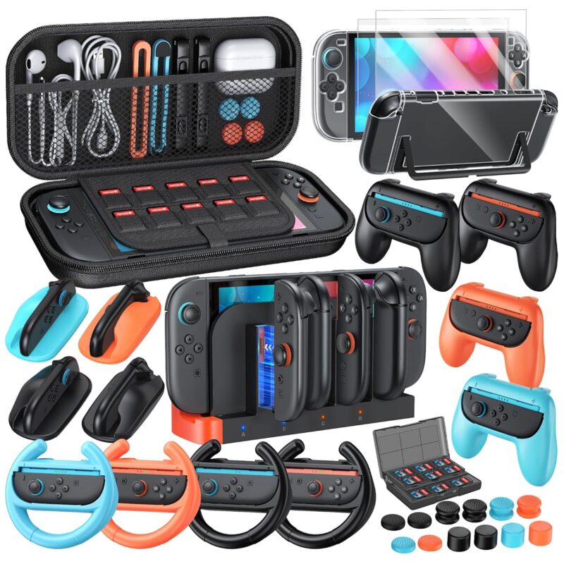 32-in-1 Accessories Bundle for Nintendo Switch 2,Family Games Kit: Carrying Case,Charging Dock for Joycon Switch 2 Controller,Tempered film,Steering Wheels,Grips,Protective Cover