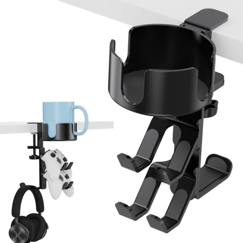 360° Rotating Controller Headphone Holder - Larger Desk Cup Holder with Adjustable Headset Hanger Controller Stand | Clamp On Desk Organizer | Gaming Desk Pc Accessories