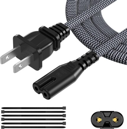 AC Power Cord 15FT (1 Pack), 2 Prong TV Power Cord, Nylon Braid Cable Replacement for Xbox, PS3, PS4, PS5, Compatible for Printer, Monitor, Sound Bar, Game Console