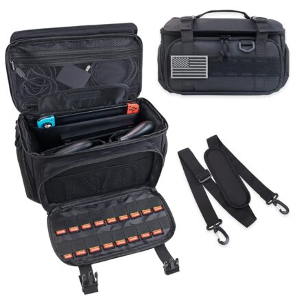 ALSLEA Tactical Travel Gaming Bag Compatible with Nintendo Switch/ Switch 2 All in One Carrying Case for Steam Deck, AC Adapter, Controllers, Protective Bag with Flag Patch &18 Game Card Slots (Black)