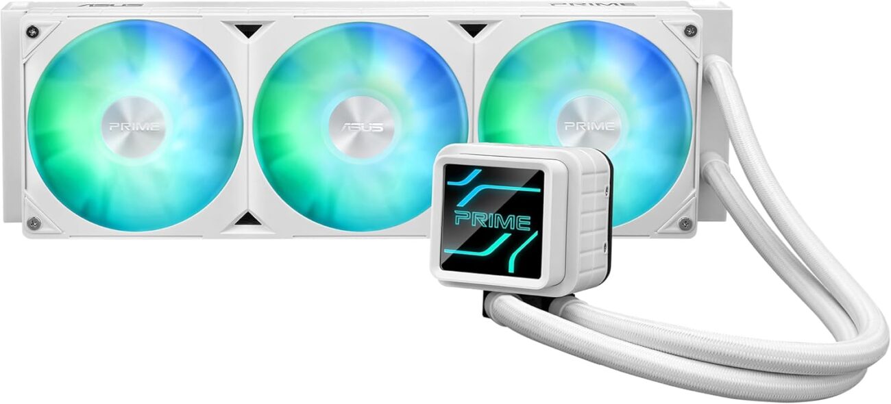 ASUS Prime LC 360 ARGB White Edition all-in-one CPU liquid cooler with special CPU contact area & finned channel, water block with infinity mirror lens options, pre-installed ARGB fans & Aura lighting