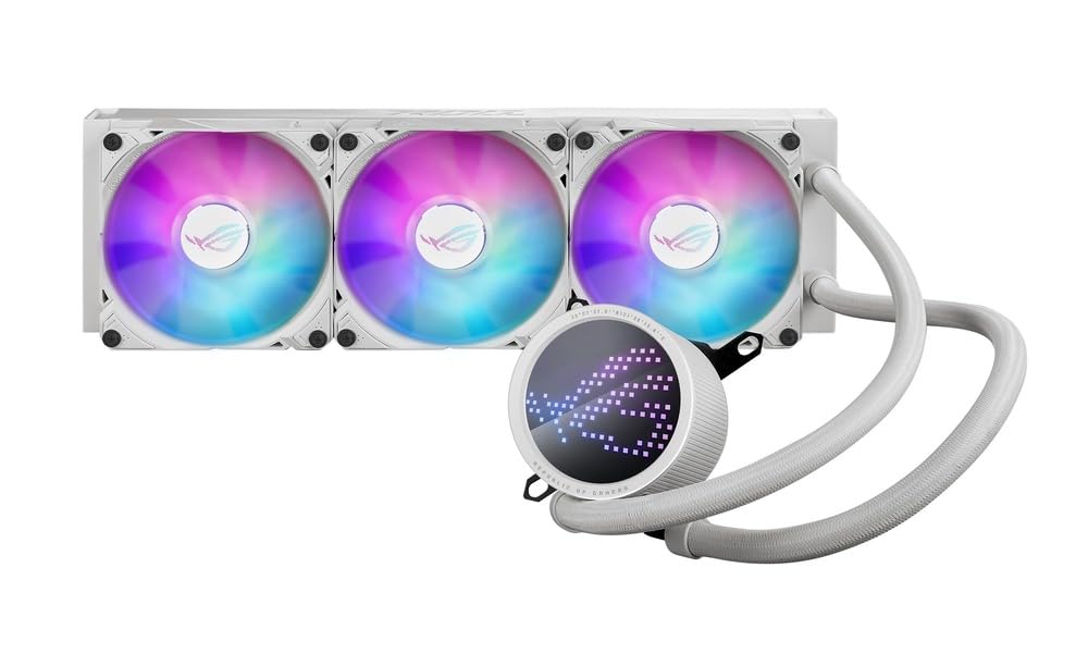ASUS ROG RYUO III 360 ARGB White Edition All-in-one AIO Liquid CPU Cooler 360mm Radiator, Asetek 8th gen Pump Solution, Anime Matrix™ LED Display and ROG AF 12S ARGB Fan. ASUS ROG RYUO III 360 ARGB White Edition All-in-one AIO Liquid CPU Cooler 360mm Radiator, Asetek 8th gen Pump Solution, Anime Matrix™ LED Display and ROG AF 12S ARGB Fan.
