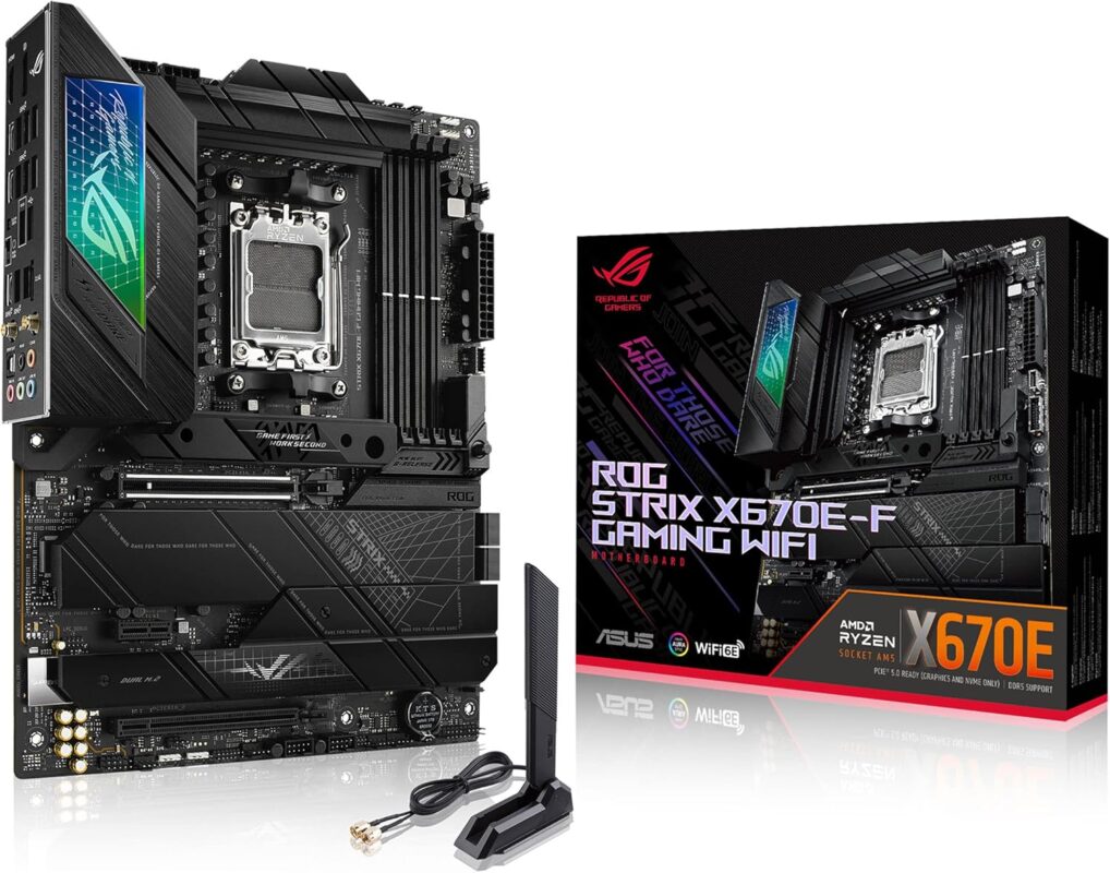 ASUS ROG STRIX X670E-F GAMING WIFI AMD X670 AM5 Ryzen™ Desktop 9000 8000 & 7000 ATX motherboard, 18+2 power stages, DDR5, 4x M.2 slots with heatsink, PCIe® 5.0, USB 3.2 Gen 2x2, WiFi 6E, AI Cooling II