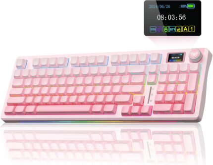 AULA S98 Pro Wireless Mechanical Keyboard with Screen & Knob,2.4GHz/USB-C/BT5.0 Hot Swappable Pink Creamy Keyboard,Pre-lubed Linear Switches,Side Printed PBT Keycaps,RGB Backlit Gaming Keyboards