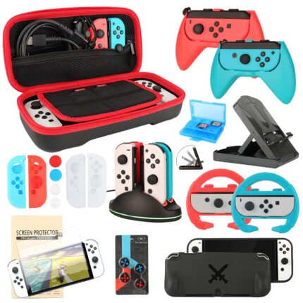Accessories Bundle for Nintendo Switch OLED Model: Super Kit with Carrying Case, Screen Protector, Steering Wheels, Joycon Grips, Charging Dock, Playstand, Protective case and More (23 in 1)