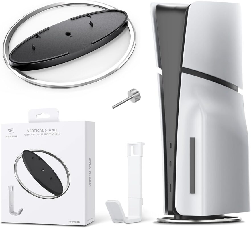 AceGamer Vertical Stand for PS5/Pro/Slim Console with Headset Holder, Non-Slip Base Mount for PlayStation 5 Vertical Dock Electronic Accessories, Anti-Rollover Stand for P5, Black