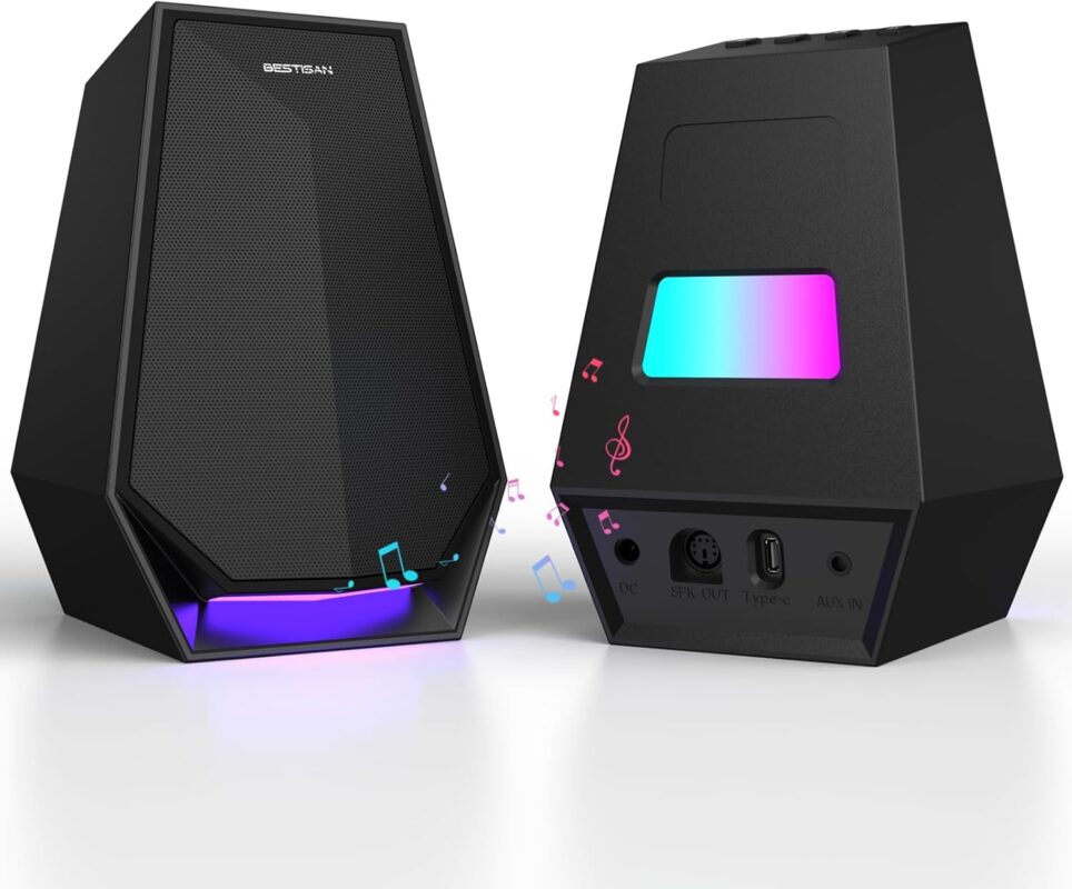 BESTISAN Computer Gaming Speakers for Desktop PC - 30W Powered Monitor Speakers with Bluetooth/AUX/Type-C Connections, 6 Colorful Lights, Compatible with Monitor, Gaming Setup & Laptop