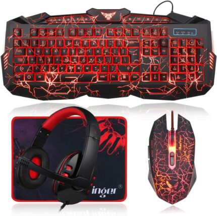 BlueFinger Gaming Keyboard Mouse Headset Combo, USB Wired Crack Backlit,114 Keys Letters Glow LED Keyboard, Red LED Light Headset for Laptop PC Computer Work and Game