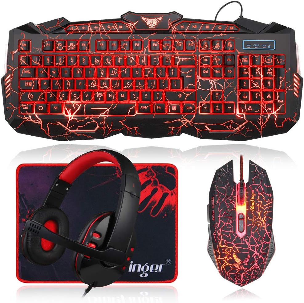 BlueFinger Gaming Keyboard Mouse Headset Combo, USB Wired Crack Backlit,114 Keys Letters Glow LED Keyboard, Red LED Light Headset for Laptop PC Computer Work and Game BlueFinger Gaming Keyboard Mouse Headset Combo, USB Wired Crack Backlit,114 Keys Letters Glow LED Keyboard, Red LED Light Headset for Laptop PC Computer Work and Game