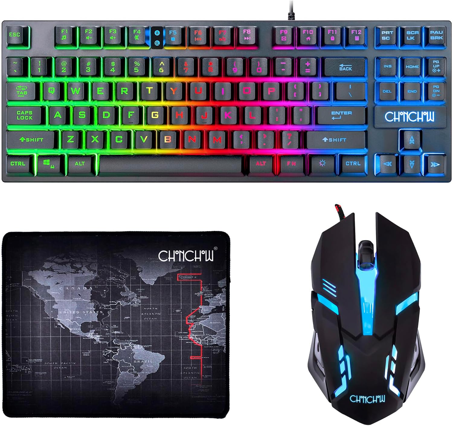 CHONCHOW 87 Keys TKL Gaming Keyboard and Mouse Combo, Wired LED Rainbow Backlit Keyboard 800-3200 DPI RGB Mouse, Gaming for PS4 Xbox PC Laptop Mac CHONCHOW 87 Keys TKL Gaming Keyboard and Mouse Combo, Wired LED Rainbow Backlit Keyboard 800-3200 DPI RGB Mouse, Gaming for PS4 Xbox PC Laptop Mac