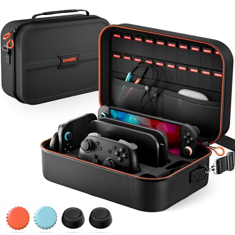 COOWPS Switch 2 Case for Nintendo Switch 2(2025), with 4Pcs Thumb Grips, 20 Game Card Slots, Hard Shell Full Protection All In One Carrying Case for Switch 2 Accessories Pro Controller, Black