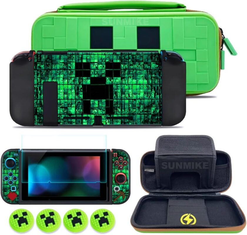 Carrying Case for Nintendo Switch, Soft Switch Case, Screen Protector, Thumb Grips Caps, Switch Accessories Protective Cases for Switch Console, Portable Travel Carry Cases for Nintendo Switch, Green