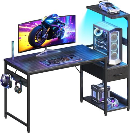 Casaottima 48 Inch Gaming Desk with Storage & LED Lights, Reversible Computer Desk with Display Shelves & Fabric Drawer, Modern Gamer Desk Table with Side Headphone Hook, Carbon Fiber Black