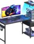 Casaottima 48 Inch Gaming Desk with Storage & LED Lights, Reversible Computer Desk with Display Shelves & Fabric Drawer, Modern Gamer Desk Table with Side Headphone Hook, Carbon Fiber Black