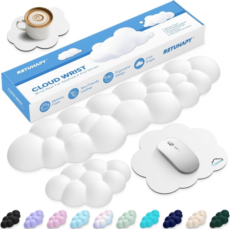 Cloud Wrist Rest Keyboard Cushion, 4-in-1 Ergonomic Cloud Keyboard Wrist Rest and Mouse Pad Set with Memory Foam Arm Support for Palm, Cute Desk Accessory for PC Gaming Setup, White