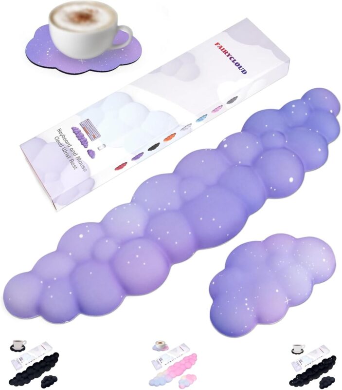 Cloud Wrist Rest Set for Keyboard and Mouse, Includes Cute Coaster, with Computers and Laptops（Purple Star Set）