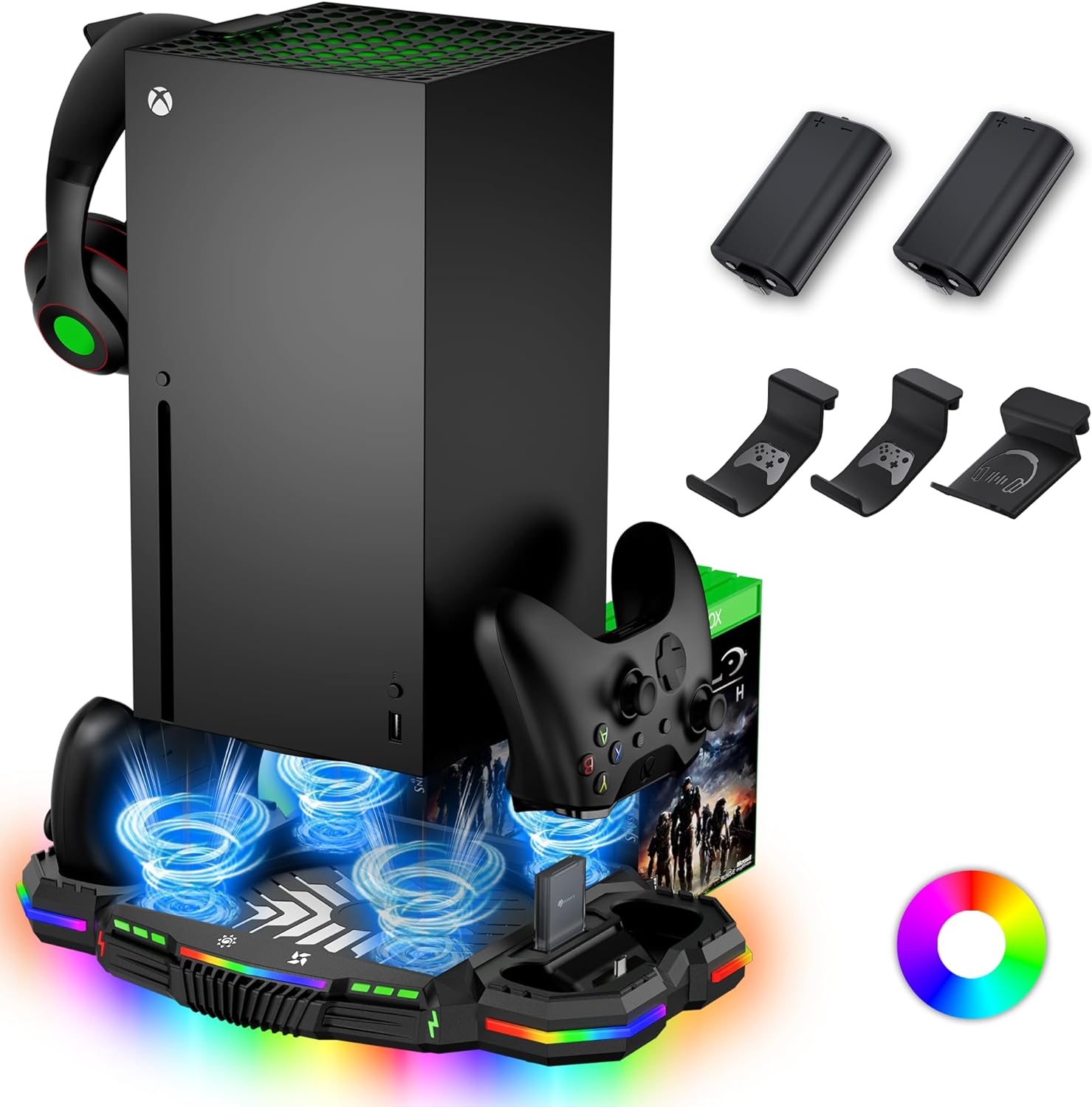 Cooling Fan Charging Station for Xbox Series X Console & Controller – Vertical 15 RGB Modes Cooler Stand System, Low-noise, Effectively Reduce Console Temperature and Quickly Charge Controller Cooling Fan Charging Station for Xbox Series X Console & Controller – Vertical 15 RGB Modes Cooler Stand System, Low-noise, Effectively Reduce Console Temperature and Quickly Charge Controller