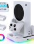 Cooling Stand for Xbox Series S Console with 15 Light Modes, MENEEA Dual Fast Charger Station with 2x1400mAH Batteries,Cooler System Accessories with 3-Speed Adjustable Fan, 2.0 USB Port