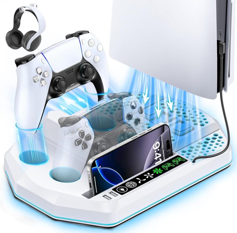 Cooling Station for PS5 with Dual Controller Charger Compatible with Playstation 5/Slim/Pro, PS5 Cooling Stand Station Vertical & 3 Level Cooler Fan, Controller Charging Dock, For PlayStation 3 Games