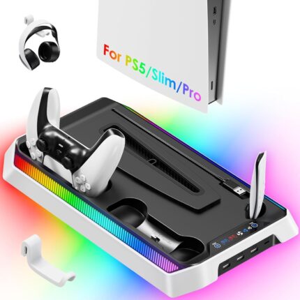 Cooling Station for PS5/Slim/Pro, RGB Charging Station Compatible with PlayStation 5 Built-in 3 Level Cooling Fan and Dual PS5 Controller Charger, PS5 Accessories Stand with 4 USB Hubs