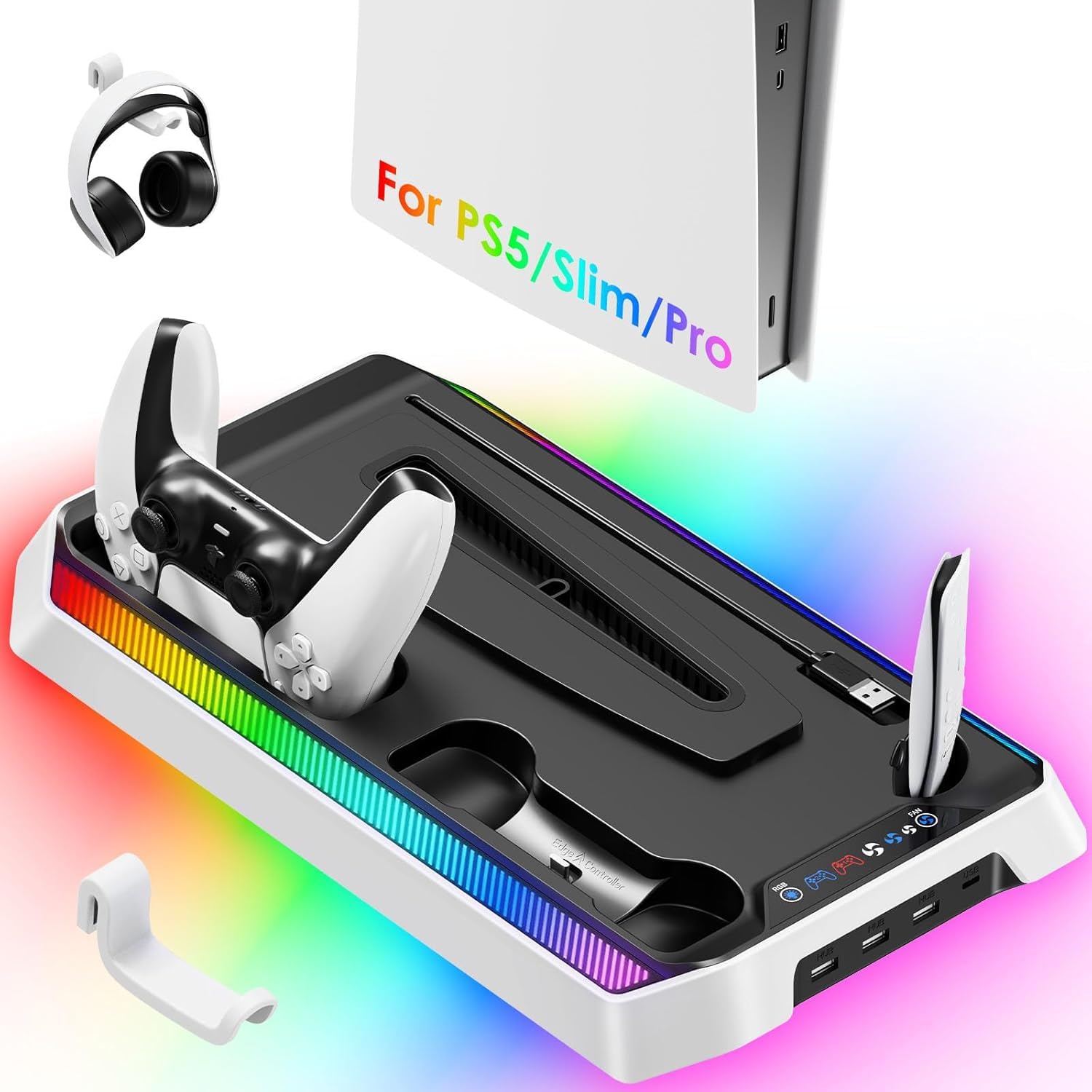 Cooling Station for PS5/Slim/Pro, RGB Charging Station Compatible with PlayStation 5 Built-in 3 Level Cooling Fan and Dual PS5 Controller Charger, PS5 Accessories Stand with 4 USB Hubs Cooling Station for PS5/Slim/Pro, RGB Charging Station Compatible with PlayStation 5 Built-in 3 Level Cooling Fan and Dual PS5 Controller Charger, PS5 Accessories Stand with 4 USB Hubs