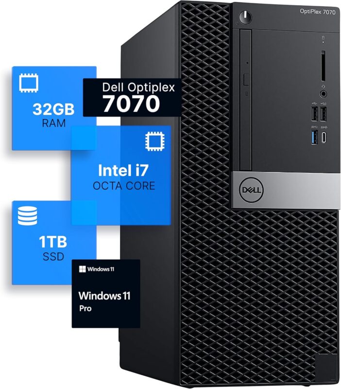 Dell Optiplex 7070 Tower Desktop Computer | Intel i7-9700 (3.4) | 32GB DDR4 RAM | 1TB SSD Solid State | Windows 11 Pro | Internal Wi-Fi 6 PCIe Adapter (Renewed)