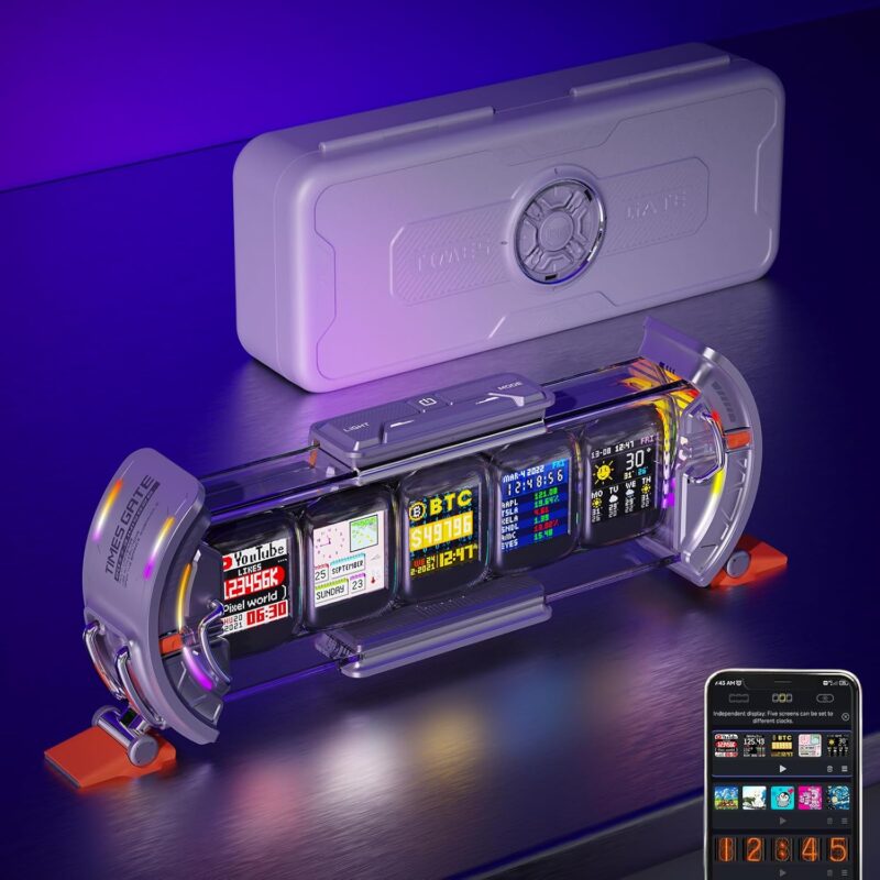 Divoom Times Gate - Cyberpunk Gaming Setup Digital Alarm Clock, Smart APP, WiFi Connect, RGB LED Display, Personalized Financial & Bitcoin Dashboard, Pixel Art for Gaming Room & Office Decor, Silver