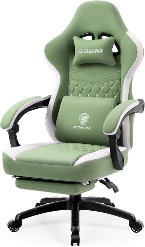 Dowinx Gaming Chair Breathable Fabric Game Chair with Gel Pad and Storage Bag, Comfortable Gamer Chair with Pocket Spring Cushion, Ergonomic Computer Chair with Footrest, Green