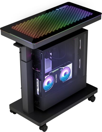 EUREKA ERGONOMIC Height Adjustable Computer Tower Stand, Illuminated Glass Panel PC Stand w/RGB Lights, 2-Tier CPU Holder Cart Under Desk, PC Floor Stand for Office Gaming, APP Control