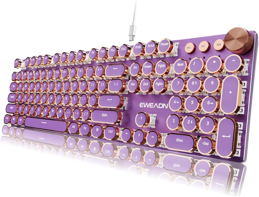 EWEADN Typewriter Style Mechanical Keyboard, Wired Typewriter Keyboards,104 Keys Backlit LED Metal Keyboards, Media Control Knob, Wired Computer Keyboard Pink Switch for Windows/Mac/PC-Purple